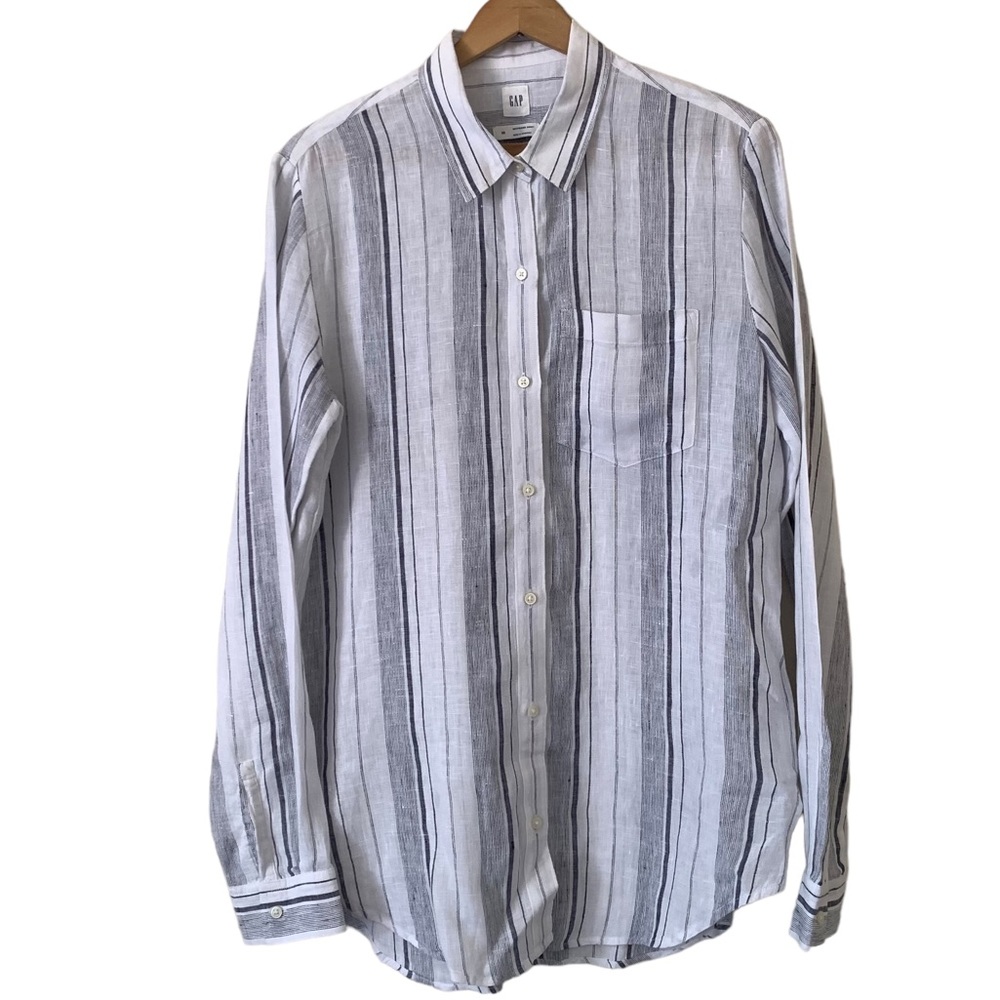 Gap Women’s Size XS Striped 100% Linen Long Sleeve Boyfriend Shirt Button Front
